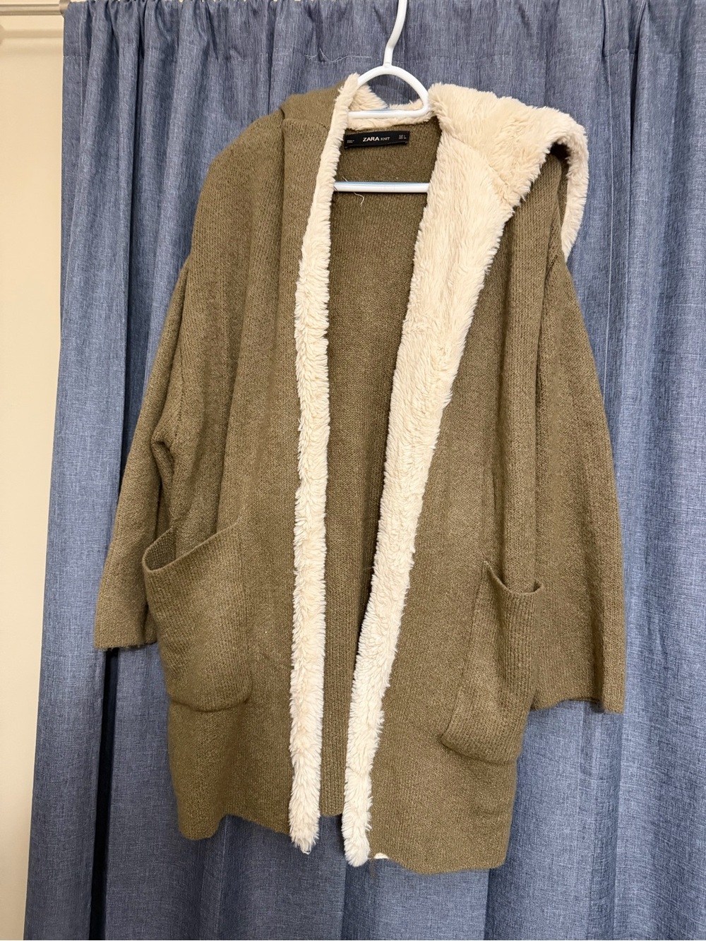 Zara Olive Green Knit Hooded Cardigan with Cream Sherpa Lining